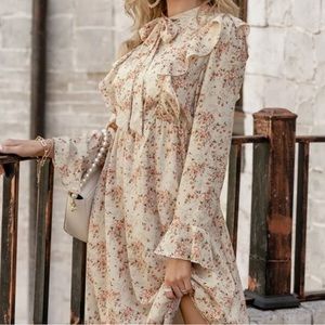 Simplee midi dress Small Cream Coral tie neck